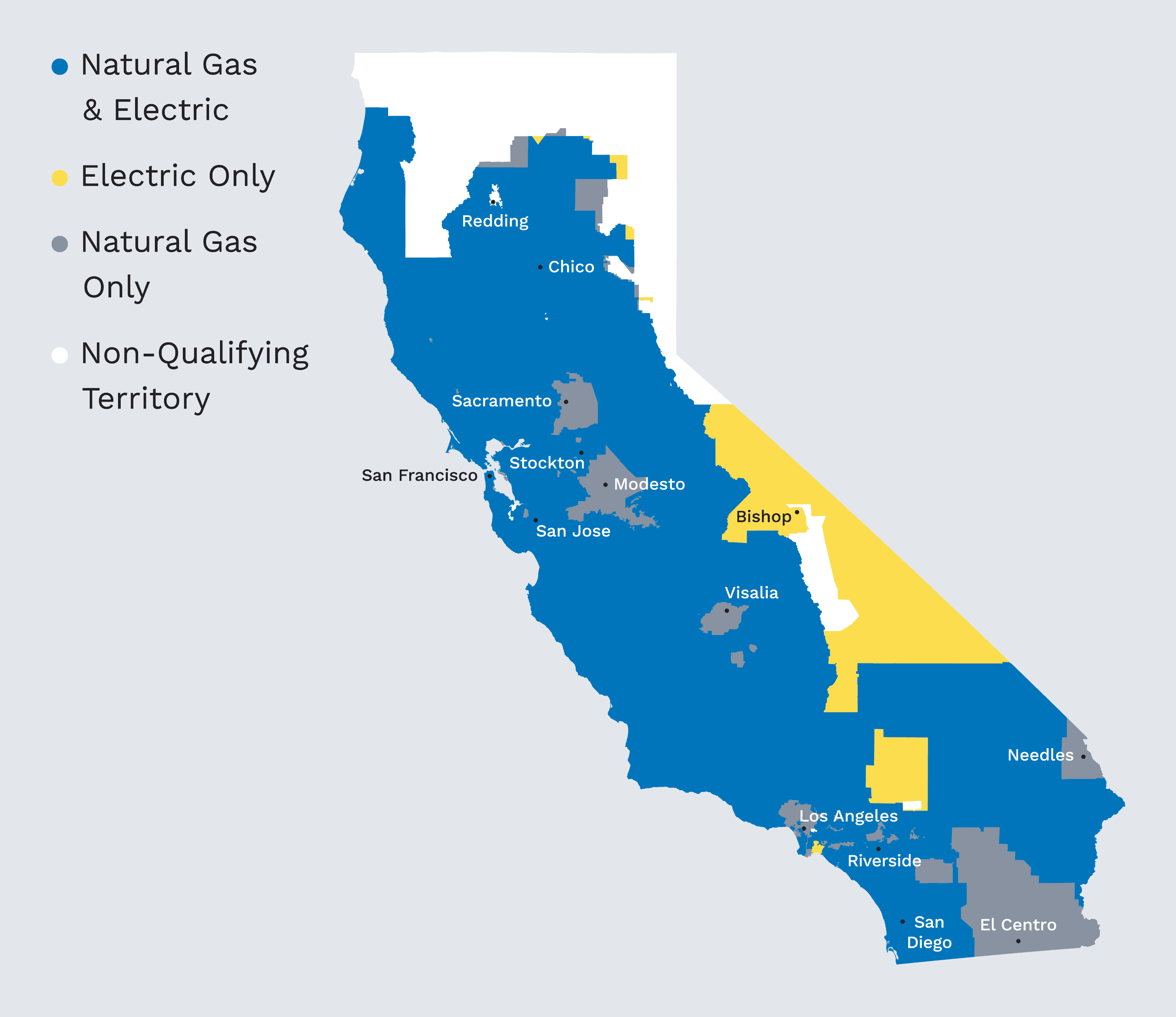 The state of California, showing 90% of its territory is eligible for Instant Rebates